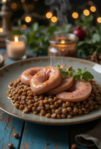 Cotechino, salchicha italiana servida con lentejas