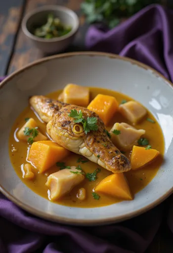 Curry de cocodrilo y calabaza servido en un tazón con cilantro fresco.