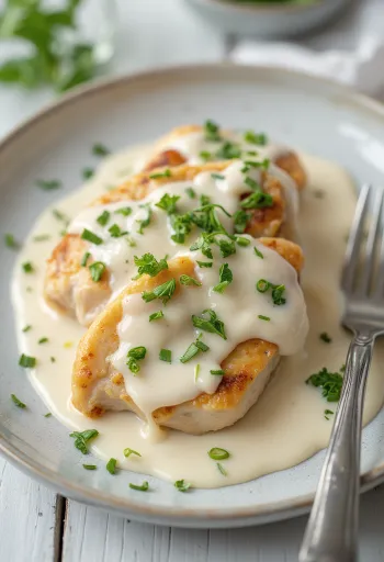 Jugosa pechuga de pollo en salsa cremosa, espolvoreada con perejil fresco y servida con pasta.