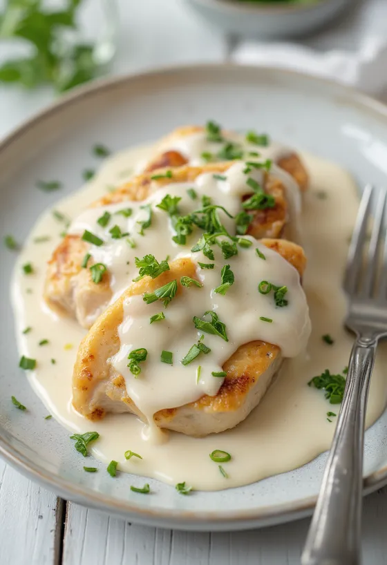 Jugosa pechuga de pollo en salsa cremosa, espolvoreada con perejil fresco y servida con pasta.