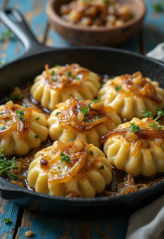 Dödölle crujiente servido con crema ácida y cebolla frita