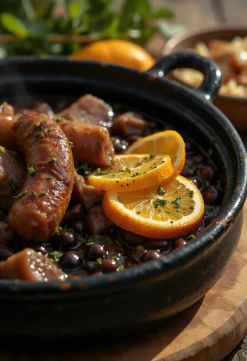 Feijoada servida con frijoles negros y carne de cerdo salada