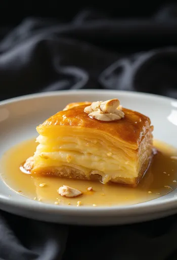 Galaktoboureko con relleno de almendra, en masa dorada, bañado con jarabe dulce