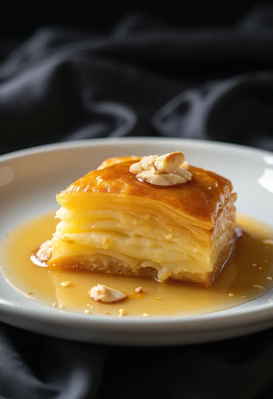 Galaktoboureko con relleno de almendra, en masa dorada, bañado con jarabe dulce