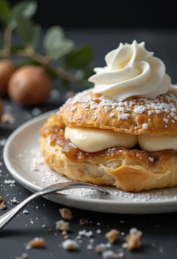Pastel cremoso de castañas y hojaldre servido