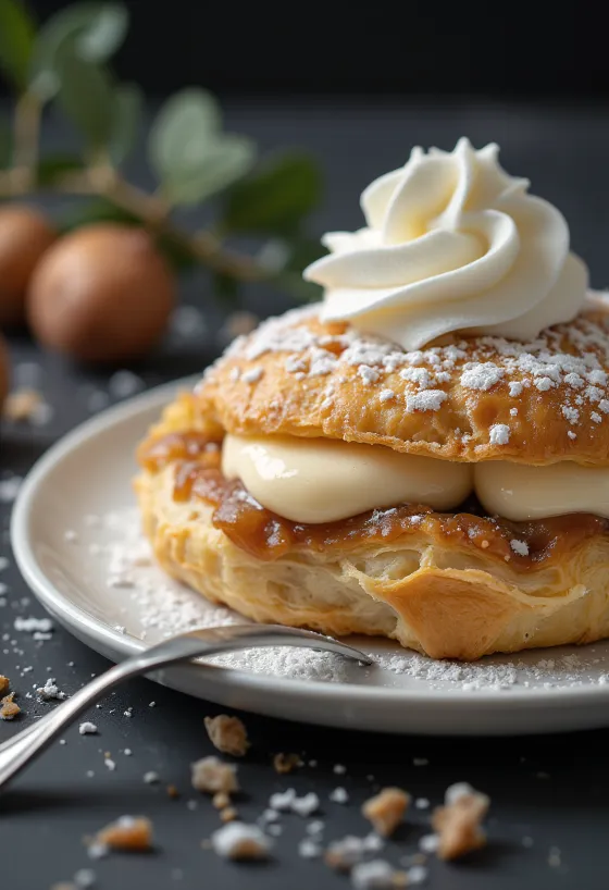 Pastel cremoso de castañas y hojaldre servido