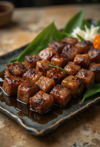 Gyutan yakitori, lengua de res en palitos, servida con sésamo y cebollín fresco