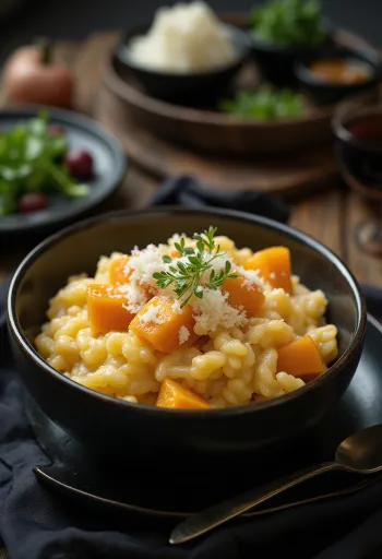 Risotto de calabaza Hokkaido servido con perejil fresco