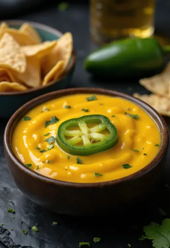 Salsa de queso cheddar con jalapeño servida