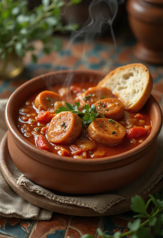 Estofado rico de pimiento y tomate con rodajas de chorizo