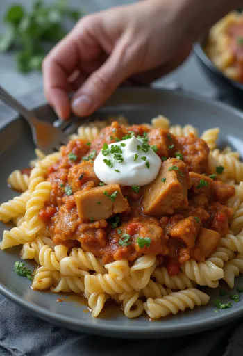Estofado Pörkölt servido con pasta y crema ácida