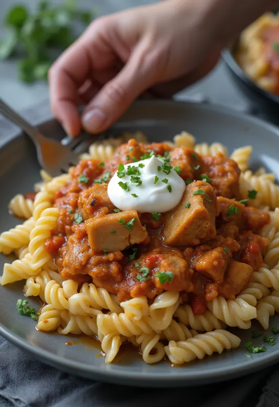 Estofado Pörkölt servido con pasta y crema ácida
