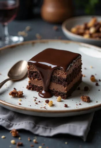 Rebanada de pastel de chocolate Rigó Jancsi en plato blanco