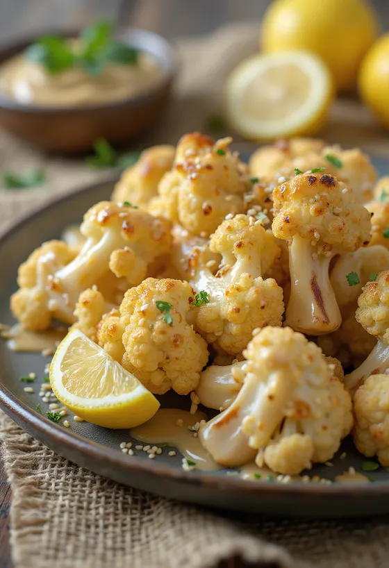 Ensalada de coliflor rostizada con aderezo de tahini, servida con perejil fresco y ajonjolí tostado