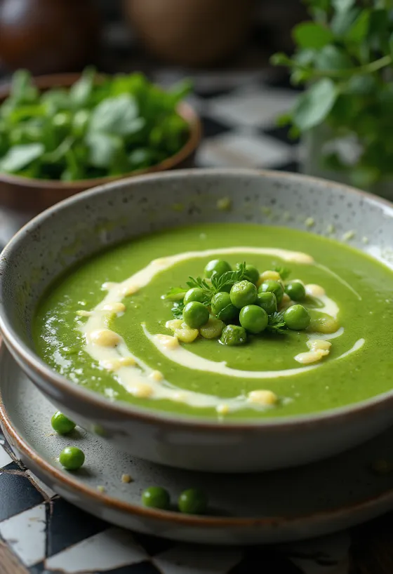 Cremosa sopa de chícharos con perejil fresco