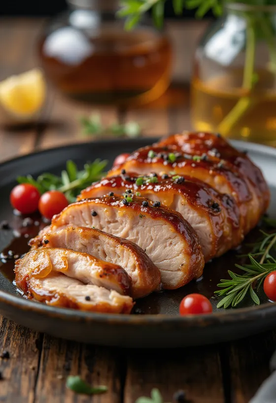 Lomo de cerdo BBQ con glaseado de miel servido