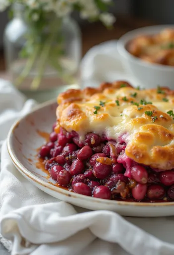 Cazuela de betabel y frijoles servida