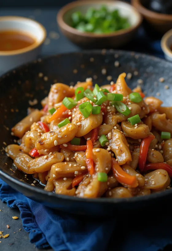Stir-fry de cocodrilo servido con arroz y verduras.