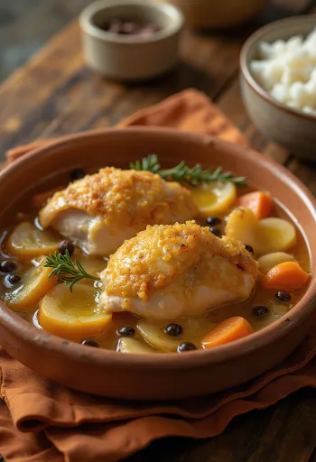 Escabeche de pollo, piernas de pollo con salsa ácida y verduras frescas