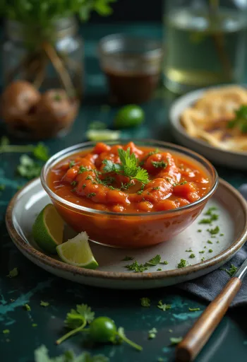 Salsa de jitomate con jalapeño y lima servida