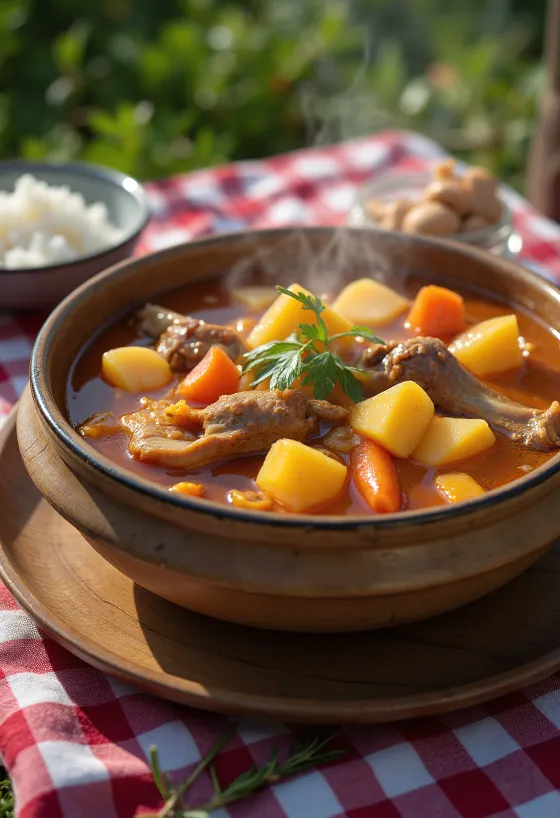 Gamjatang estofado, servido con sabores ricos, kimchi y verduras frescas
