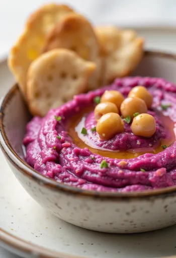 Crema prebiótica de poro y betabel servida en tazón, fondo claro, rodeada de ingredientes frescos