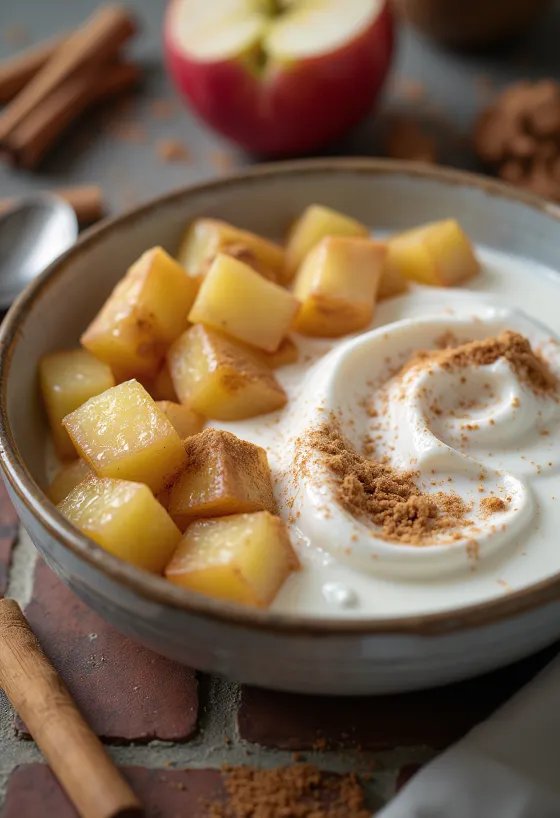 Yogur probiótico de manzana de textura cremosa con trozos de fruta en tazón blanco