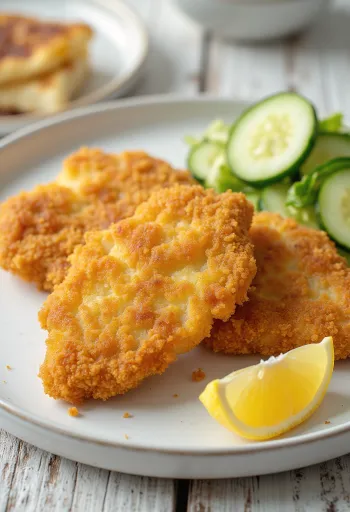 Milanesa de cerdo dorada y crujiente sobre plato con guarnición