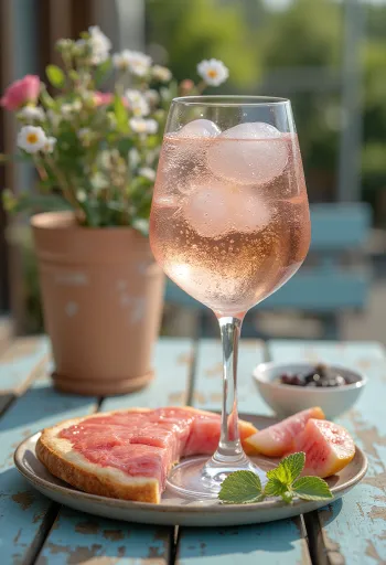 Spritz de Vino Rosado servido con rodaja de limón y hielo
