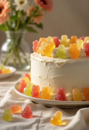 Pastel de gomitas de colores con cubierta de fondant blanco y decoración de gomitas