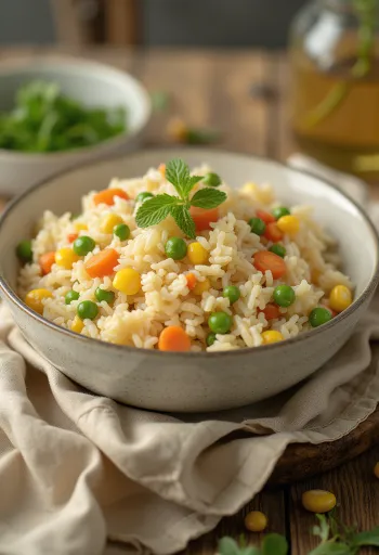 Arroz con verduras coloridas y hierbas frescas