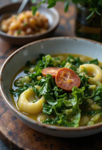Caldo verde con col rizada, servido con chorizo