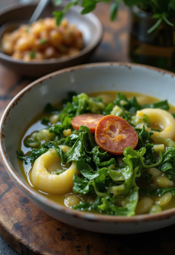Caldo verde con col rizada, servido con chorizo