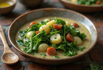 Caldo verde con col rizada, servido con chorizo