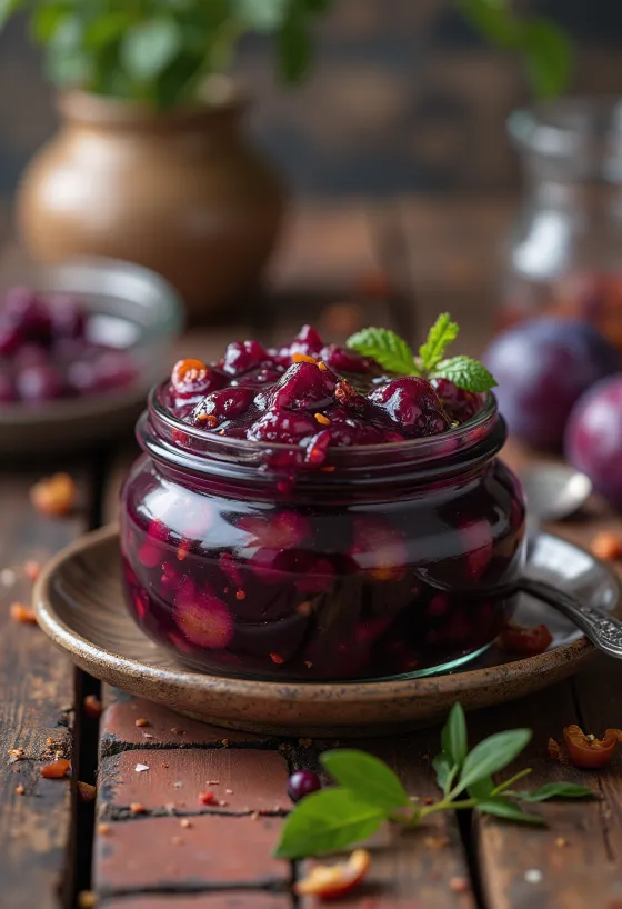 Chutney picante de ciruela en frasco y servido