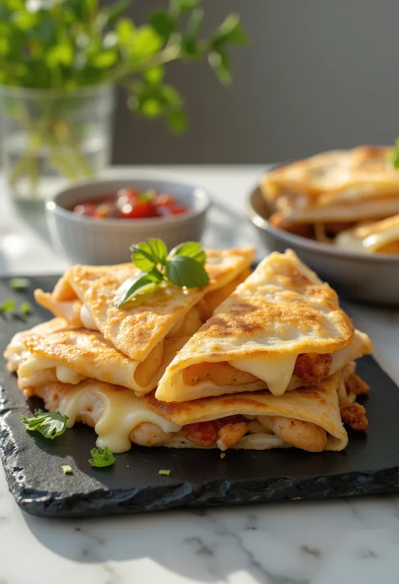 Quesadilla de pollo cortada en triángulos con queso derretido