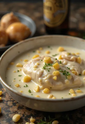 Salsa cremosa de cerveza y ajo servida en salsera