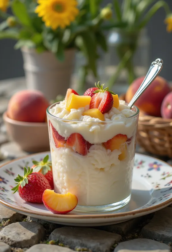 Arroz con leche y frutas frescas decorado con crema batida