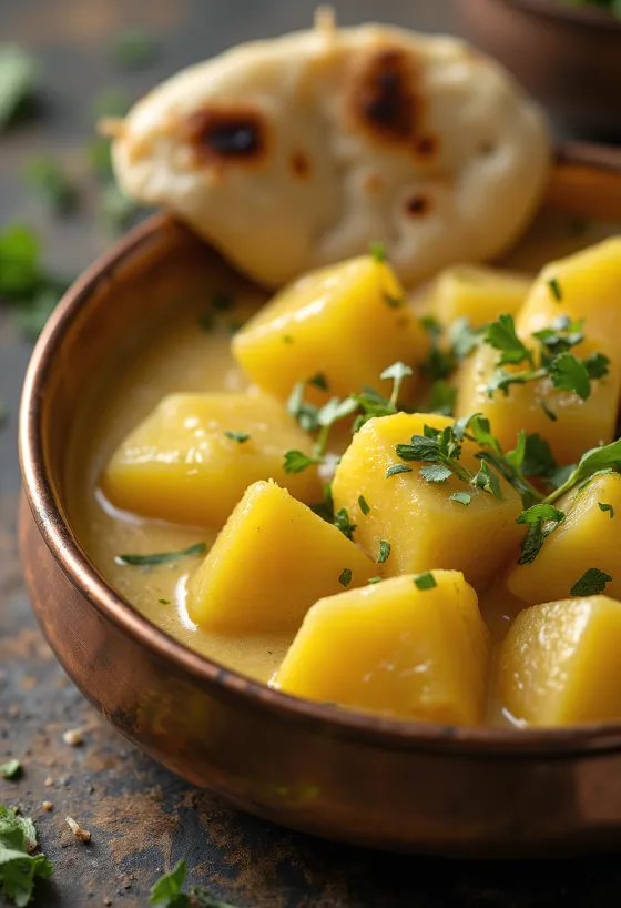 Korma con papas, servido con cilantro fresco