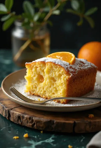 Pastel de miel y naranja rebanado y servido
