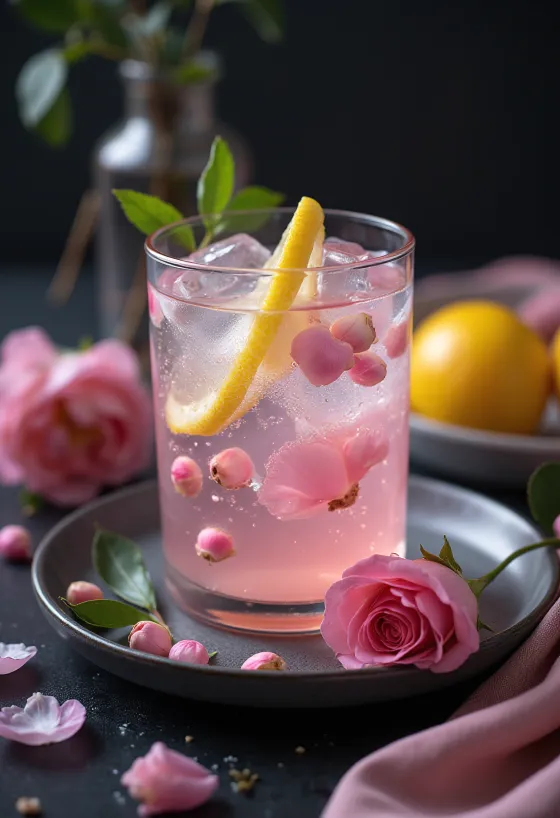 Limonada de agua de rosas servida en vaso