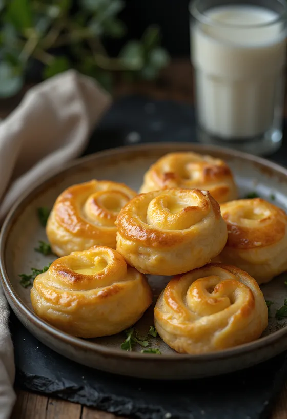 Roles de queso horneados dorados con masa crujiente y queso derretido, servidos en bandeja.