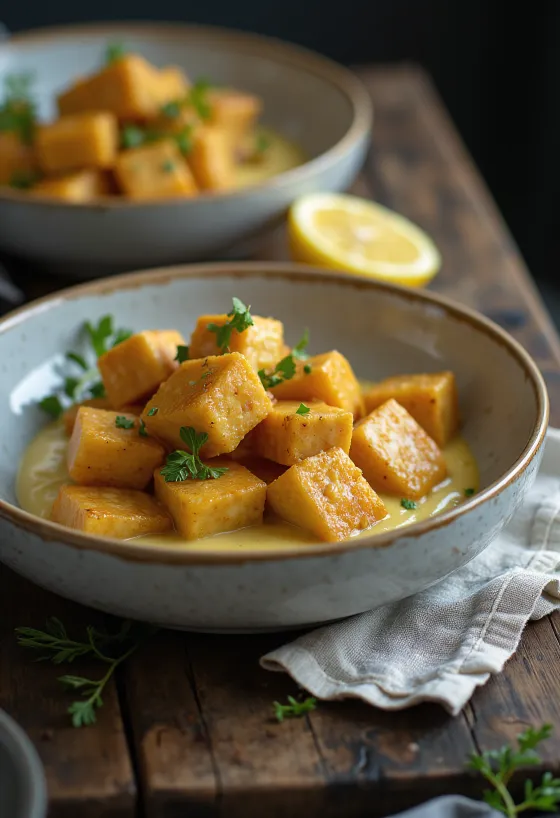 Tofu crujiente con tahini al limón, servido con perejil fresco y ajonjolí