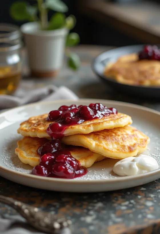 Syrniki con mermelada, tortitas de requesón doradas servidas con mermelada de frutas