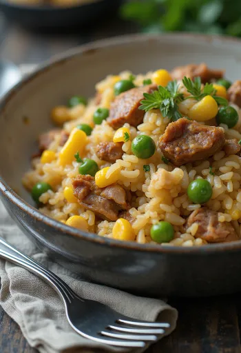 Arroz carreteiro con sobras de carne, chícharos y elote servido