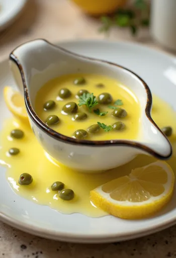Salsa de mantequilla al limón con alcaparras servida