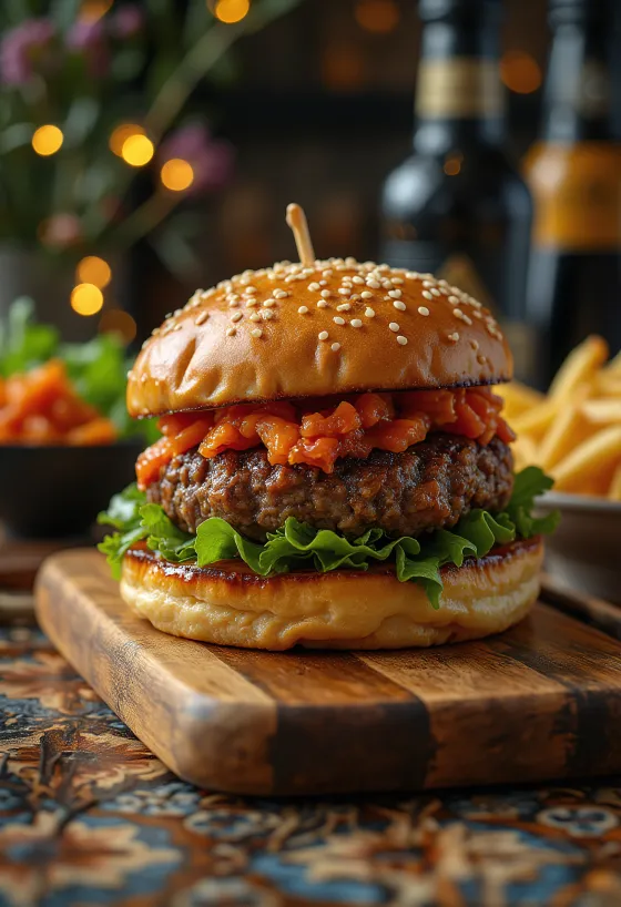 Hamburguesa coreana con salsa gochujang y kimchi