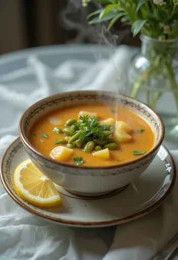 Sopa rica de carne y ejotes con salsa cremosa y eneldo