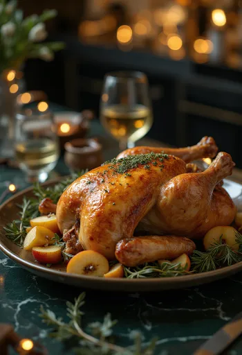 Ganso asado con relleno de salvia y verduras rostizadas