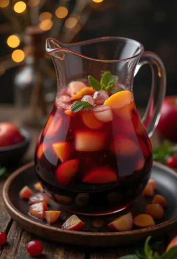 Sangría servida con frutas frescas y cubos de hielo